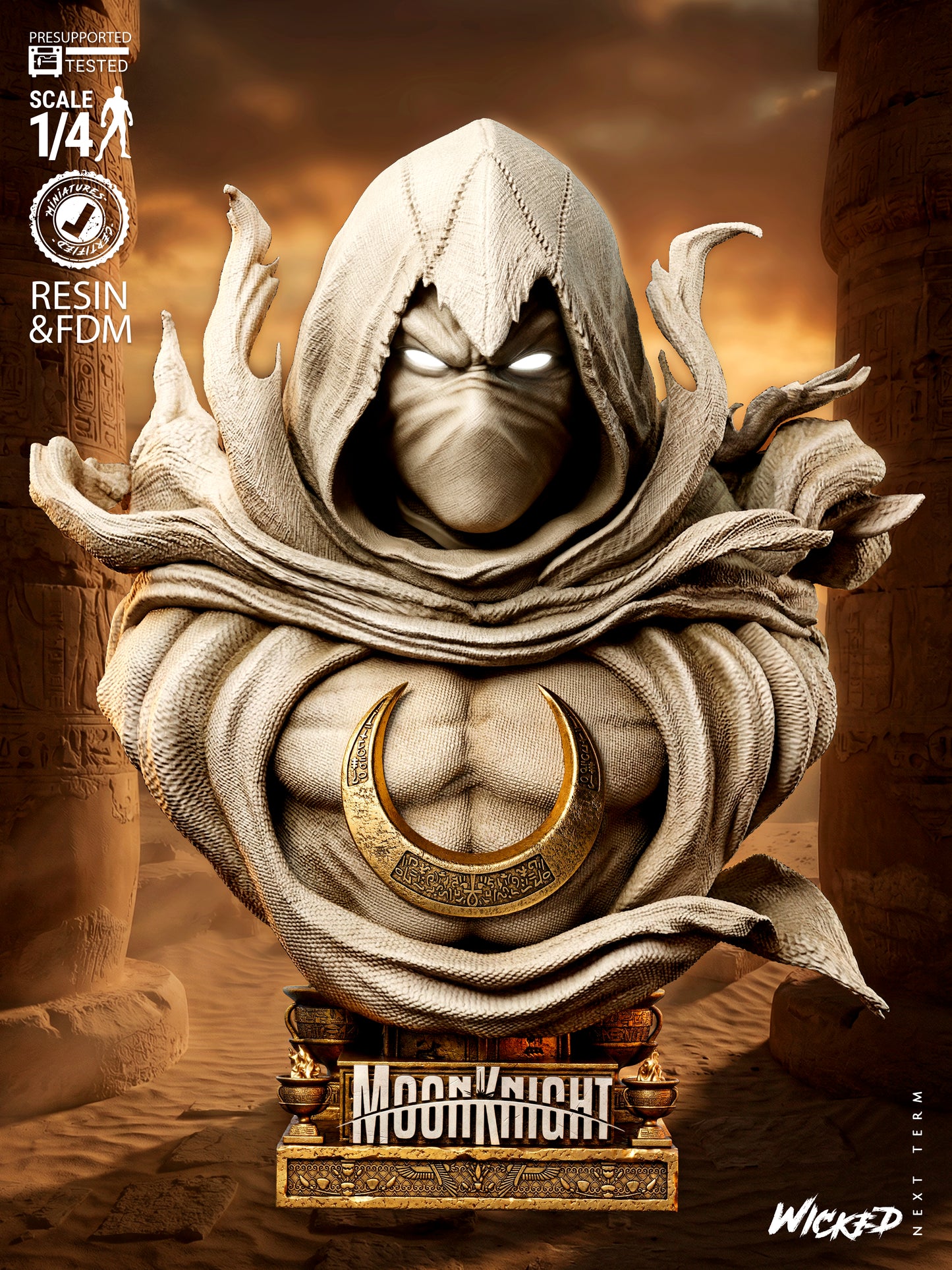 Crescent Moon Vigilante Garage Kit - Lunar Avenger Statue 1/6 & 1/12, Bust 1/4 and 1/8 Scale - 3D Printed Egyptian Warrior Resin Figure