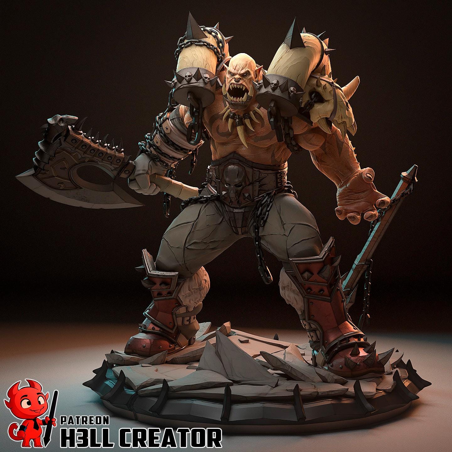 render of a fantasy orc warrior in a brutal pose