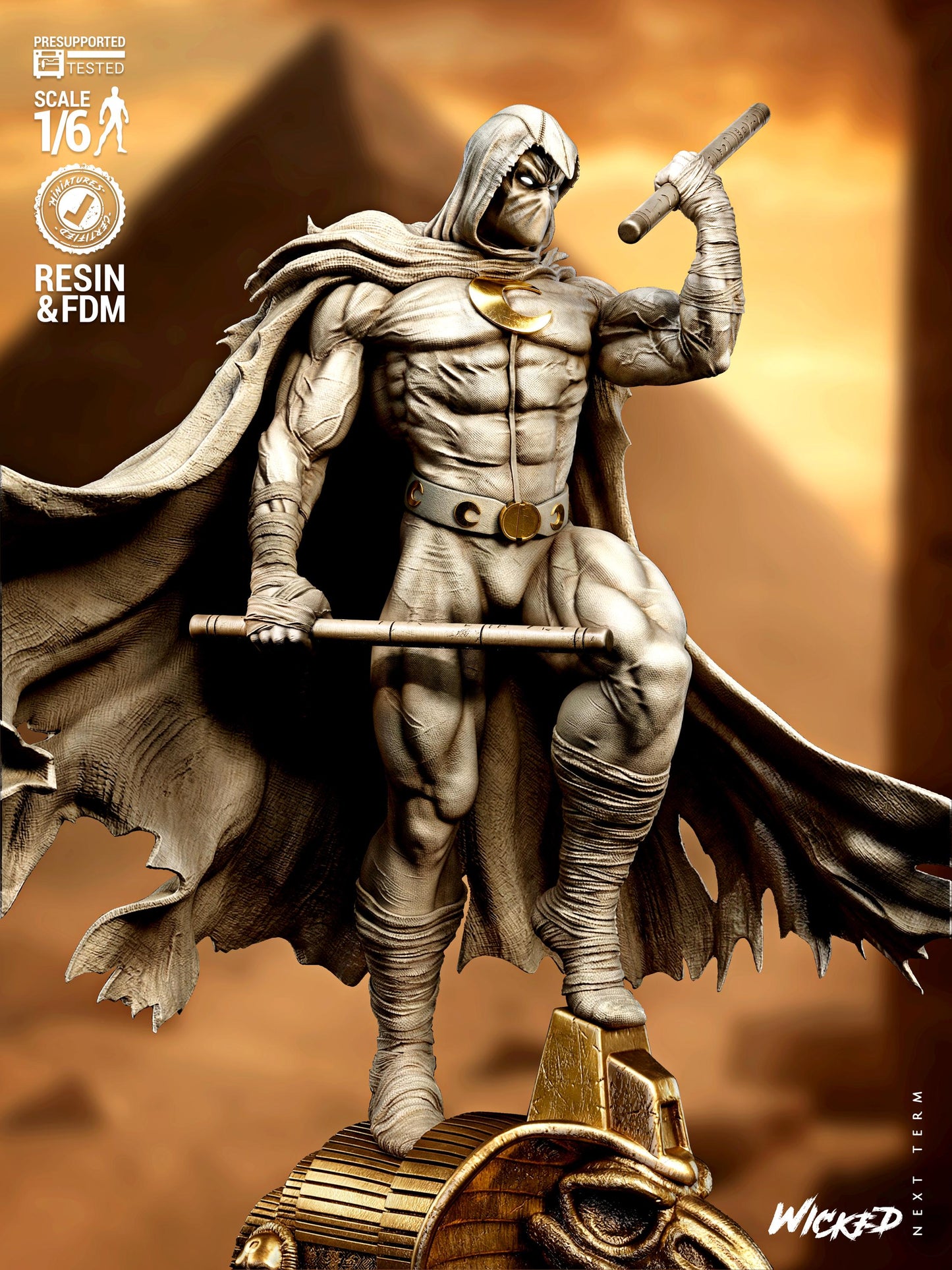 Crescent Moon Vigilante Garage Kit - Lunar Avenger Statue 1/6 & 1/12, Bust 1/4 and 1/8 Scale - 3D Printed Egyptian Warrior Resin Figure